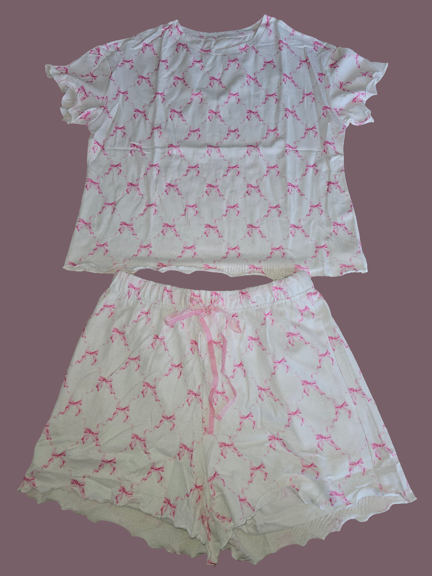 Bow Knot Geometric Print Lettuce Trim Two Piece Lounge Set
