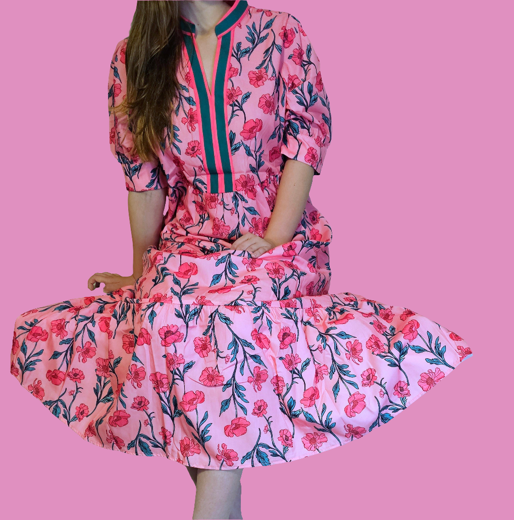 Pink Allover Floral Print V-Neck Tiered Maxi Dress