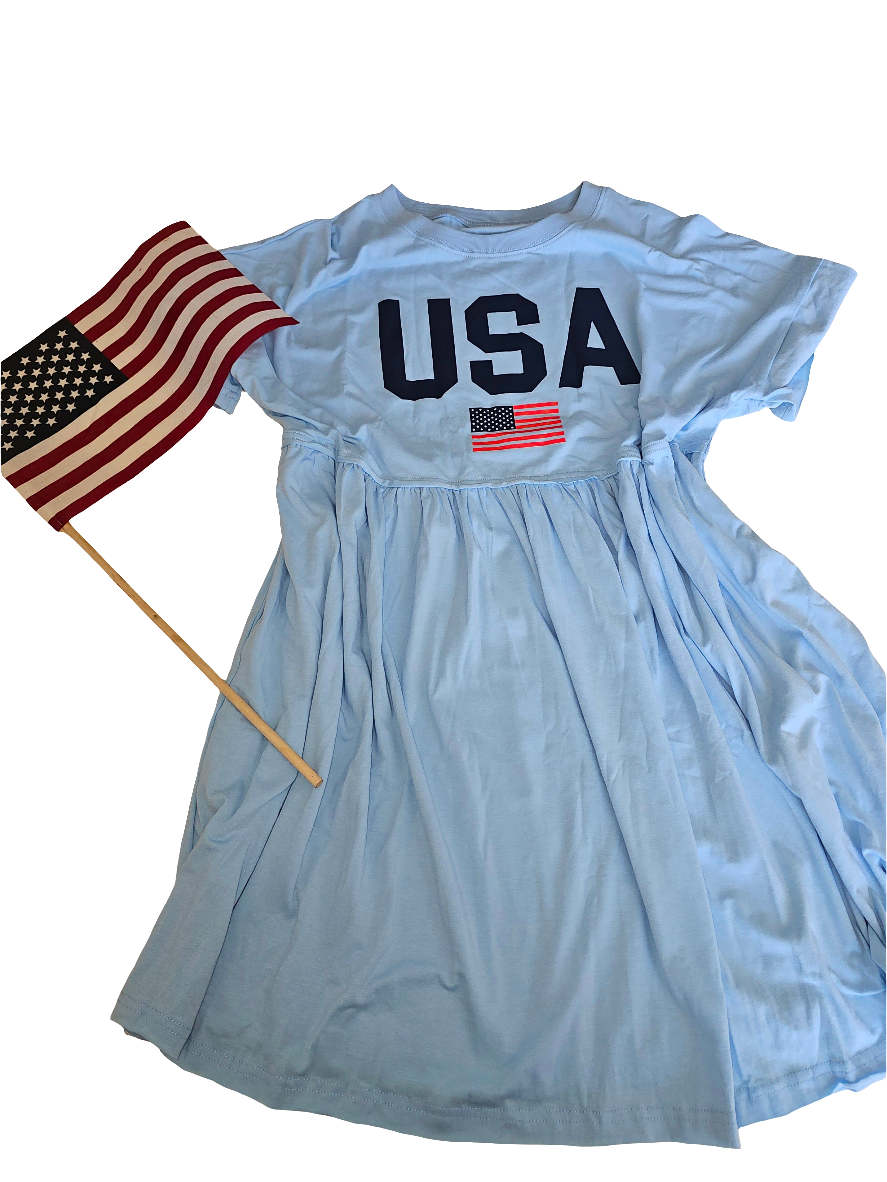 Sky Blue USA Flag Print Short Sleeve High Waist Babydoll Dress