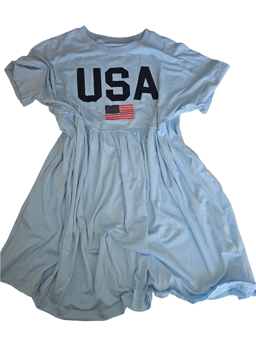 Sky Blue USA Flag Print Short Sleeve High Waist Babydoll Dress