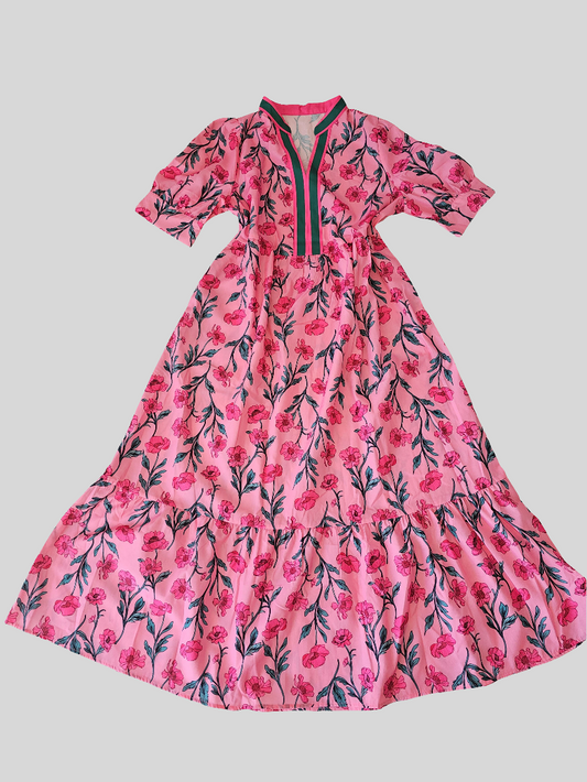 Pink Allover Floral Print V-Neck Tiered Maxi Dress
