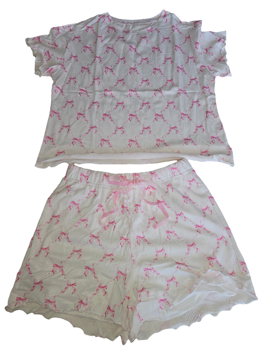Bow Knot Geometric Print Lettuce Trim Two Piece Lounge Set