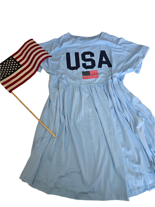 Sky Blue USA Flag Print Short Sleeve High Waist Babydoll Dress