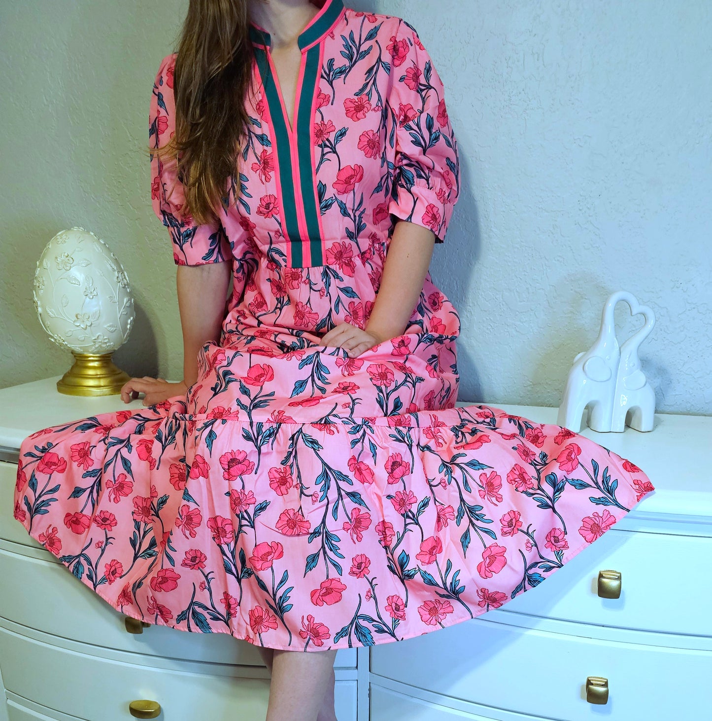Pink Allover Floral Print V-Neck Tiered Maxi Dress